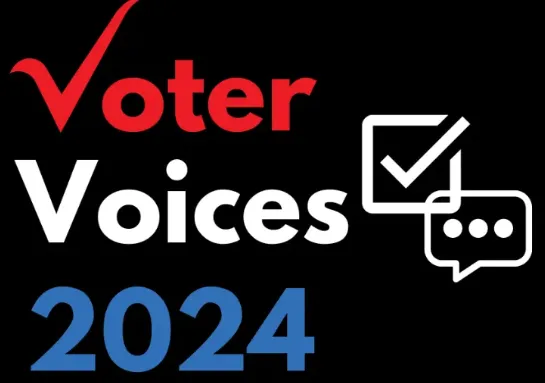 A graphic that reads "Voter Voices 2024" in red white and blue