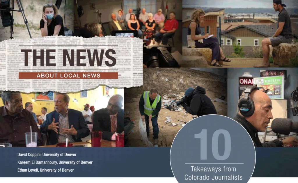 Graphic with multiple photos of journalists with text that reads "The News About Local News"