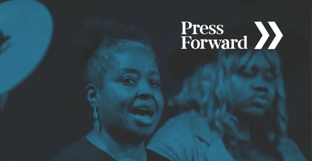 Graphic of 2 women with a blue overlay and white Press Forward logo overtop