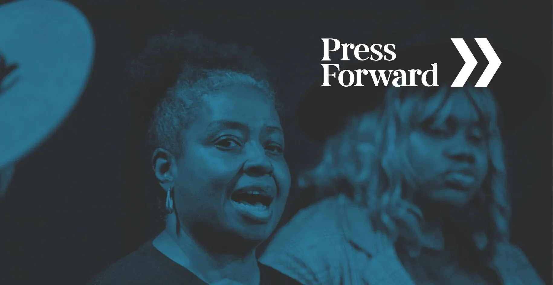 Graphic of 2 women with a blue overlay and white Press Forward logo overtop