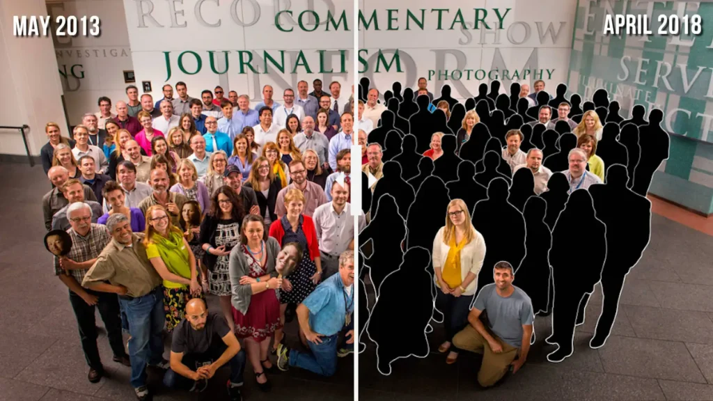 A side by side comparison showing the fullness of the Denver Post before and after cuts