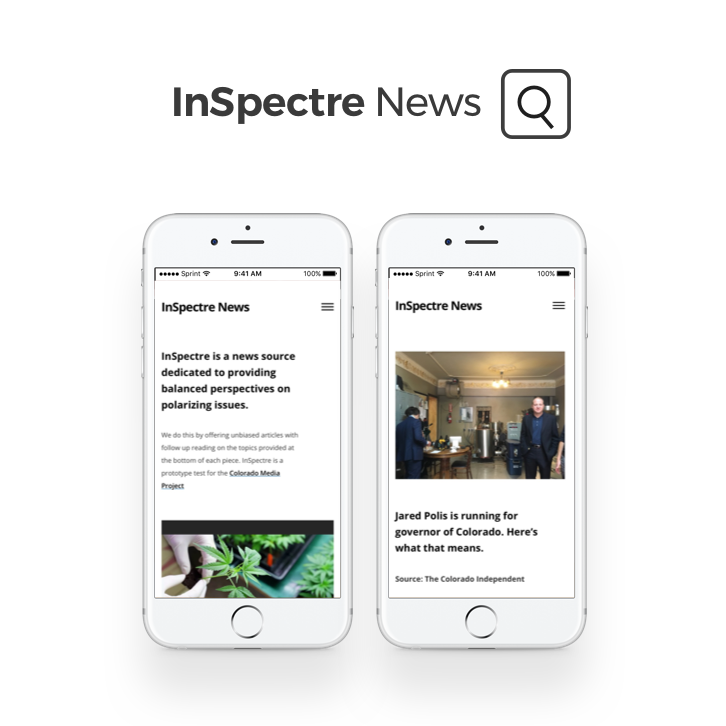 A graphic that includes the InSpectre News logo with two iPhones showing the app interface